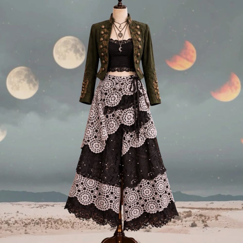 Handmade Crochet Lace Wide Leg Pants Pearl Embellished Boho Whimsigoth